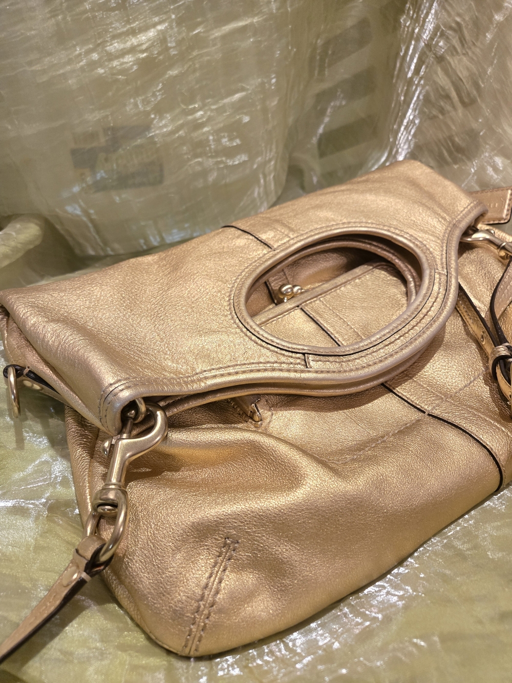 Women's Metallic Gold Shoulder Bag with Circular Handle